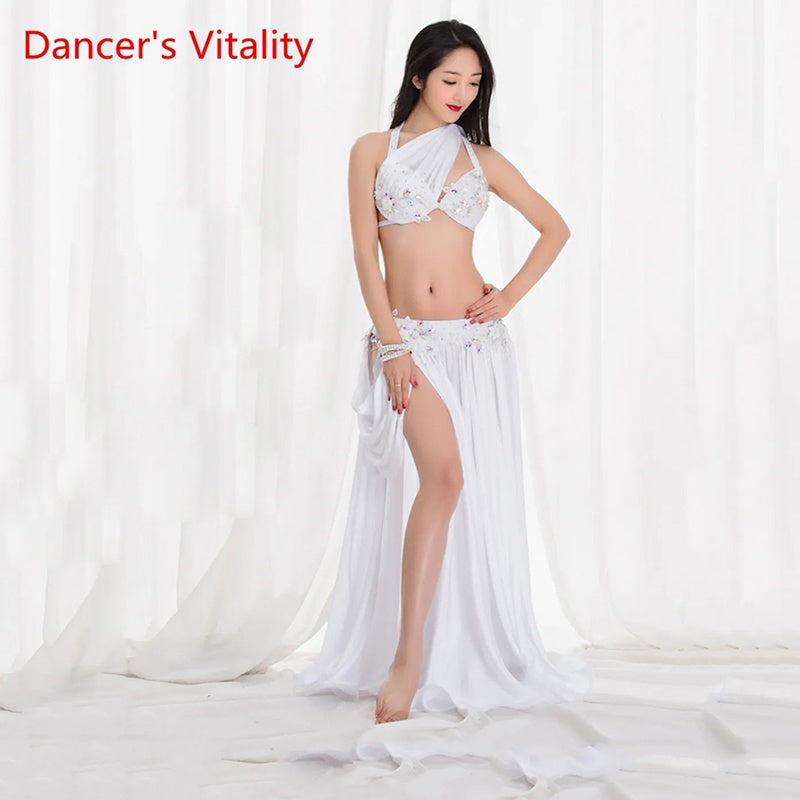 Belly Dance Costume Women's White Sequin Halter Top & High Slit Skirt Set Chiffon Tribal Fusion Dancewear
