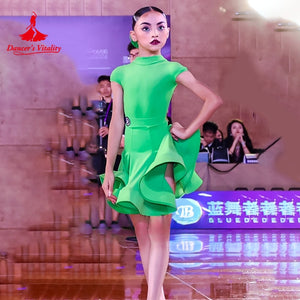 Girls Green Short Sleeve Ruffled Latin Dance Dress