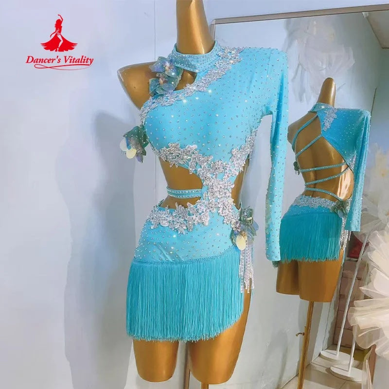 Women's Sky Blue Rhinestone Fringe Long Sleeve Latin Dance Dress