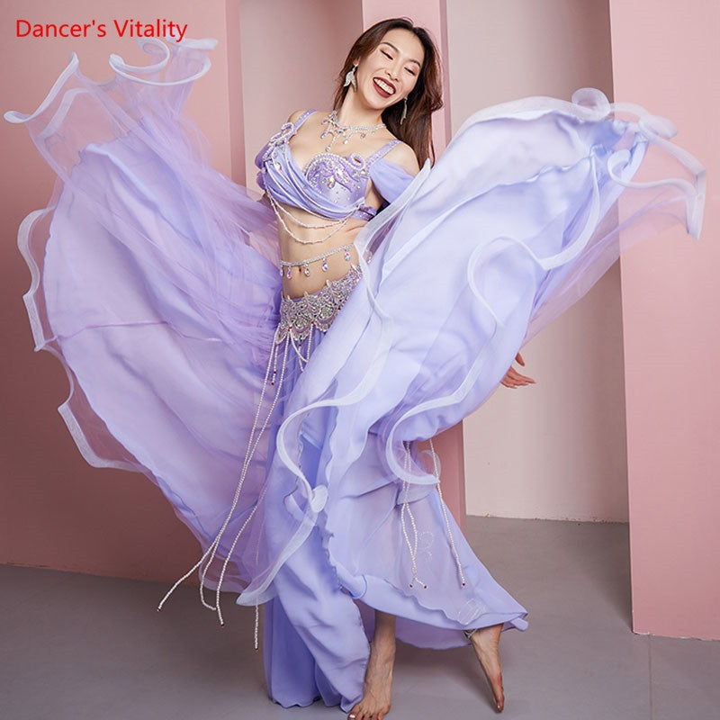 Belly Dance Costume Women's Lavender Chiffon Off-Shoulder Top with Embellished Bra & Long Skirt Set for Performance