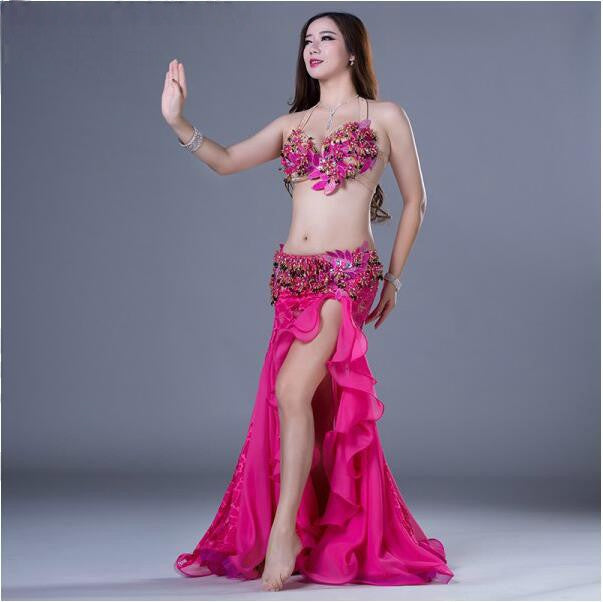 Belly Dance Costume Women's Hot Pink Sequined Halter Top and Ruffled Slit Skirt Set