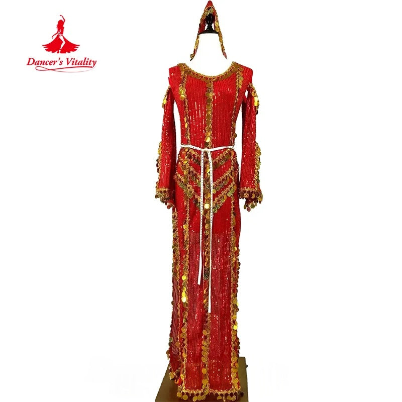 Women's Red Sequin & Gold Coin Belly Dance Dress with Hood