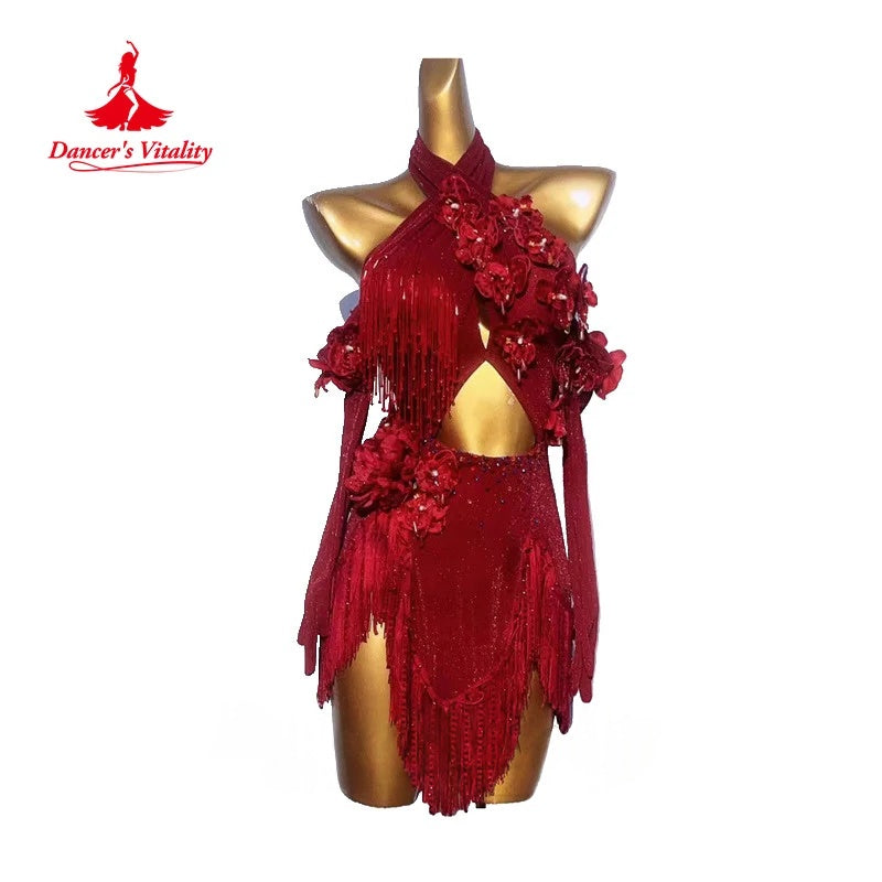 Women's Red Sequin Fringe Halter Latin Dance Dress with Floral Embellishments