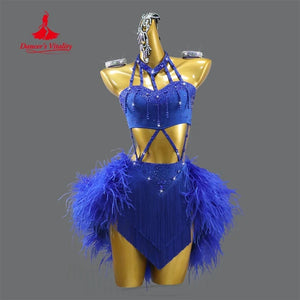 Dance Dress Women's Royal Blue Rhinestone Feather Fringe Latin Ballroom Dance Costume