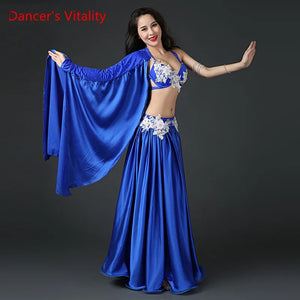 Belly Dance Costume Women's Royal Blue Satin Halter Bra Skirt Set with White Floral Applique and Arm Sleeves
