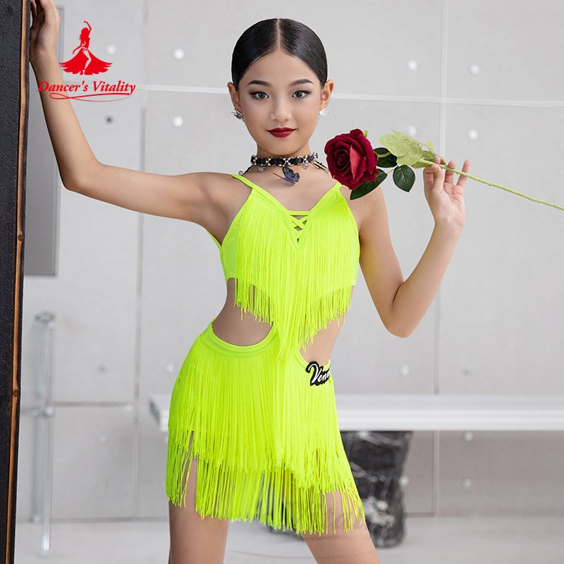 Girls Latin Dance Dress, Neon Green Fringe Cutout Rumba Samba Cha Cha Costume