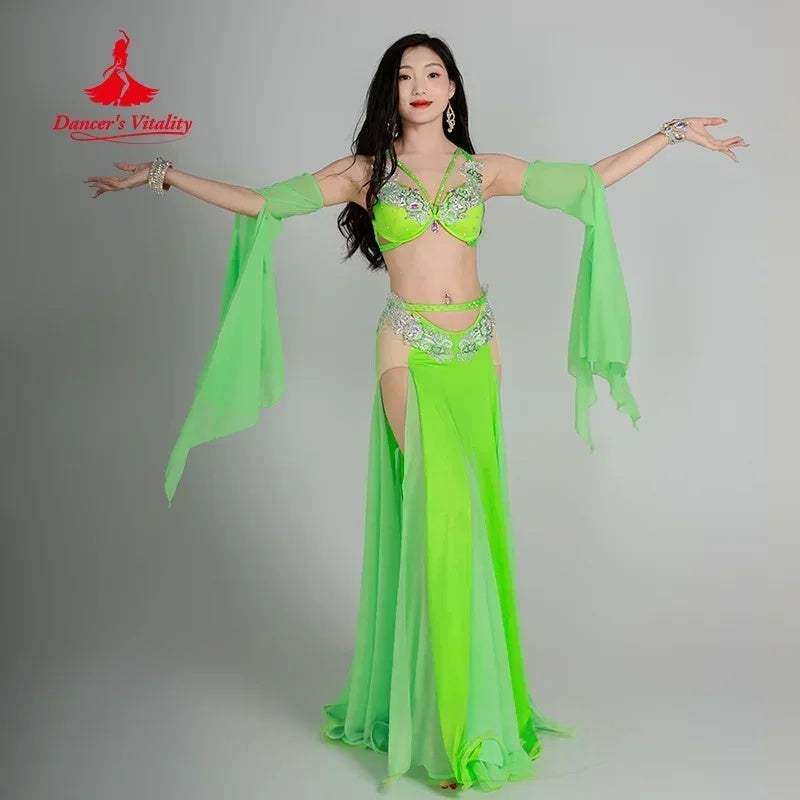 Belly Dance Costume, Women's Green Sequin Beaded Chiffon Skirt and Bra Set with Arm Sleeves, Performance Wear