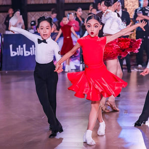 Kids Latin Dance Dress Red Short Sleeve Ruffled Skirt Performance Ballroom Competition Costume