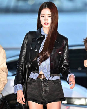 Jang Won-young Cropped Trucker Jacket in Black Leather with Striped Shirt and High-Waisted Shorts