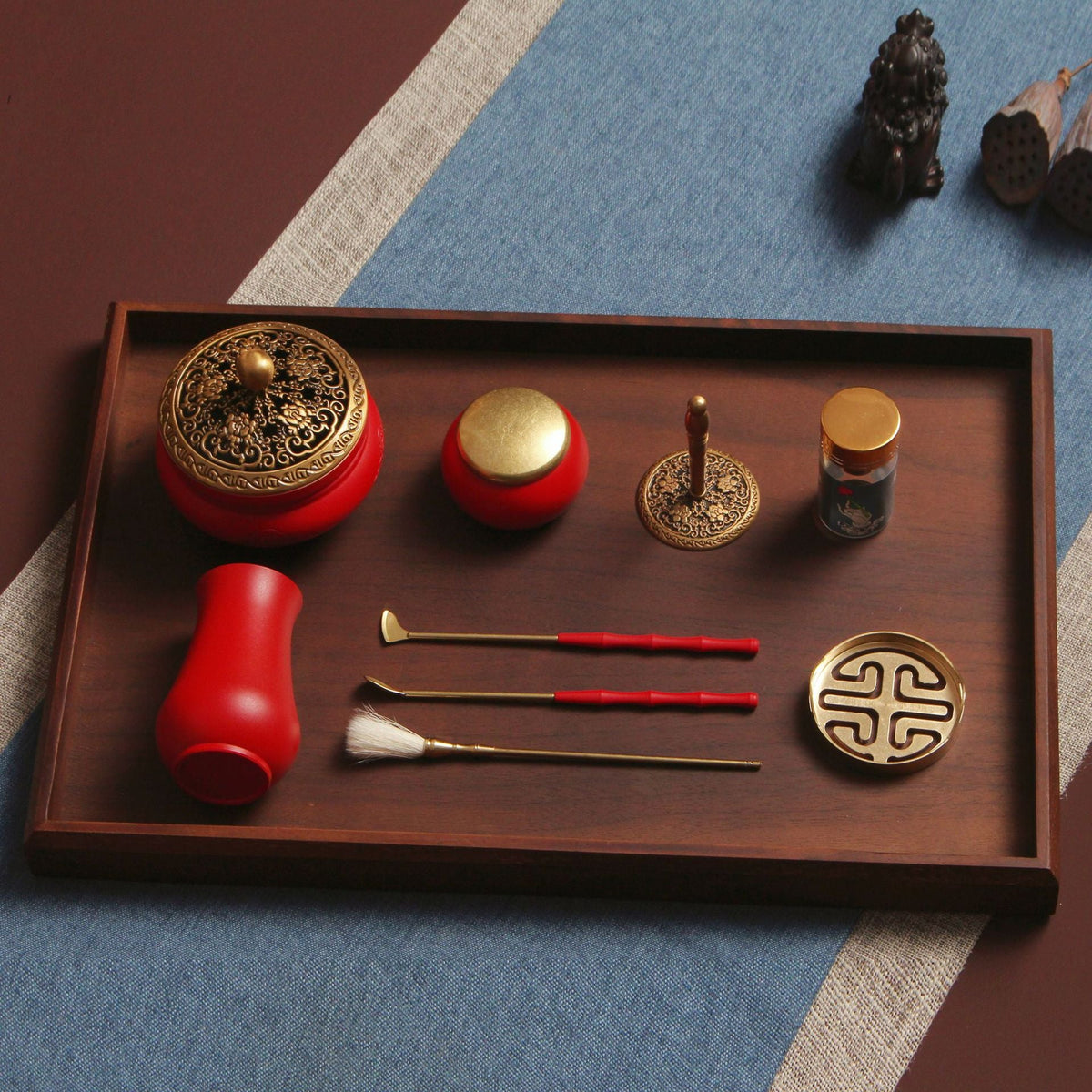 Blue and White Brass Incense Burner Set
