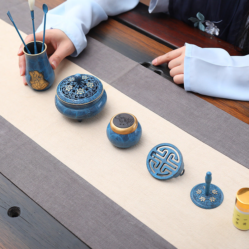 Blue and White Brass Incense Burner Set