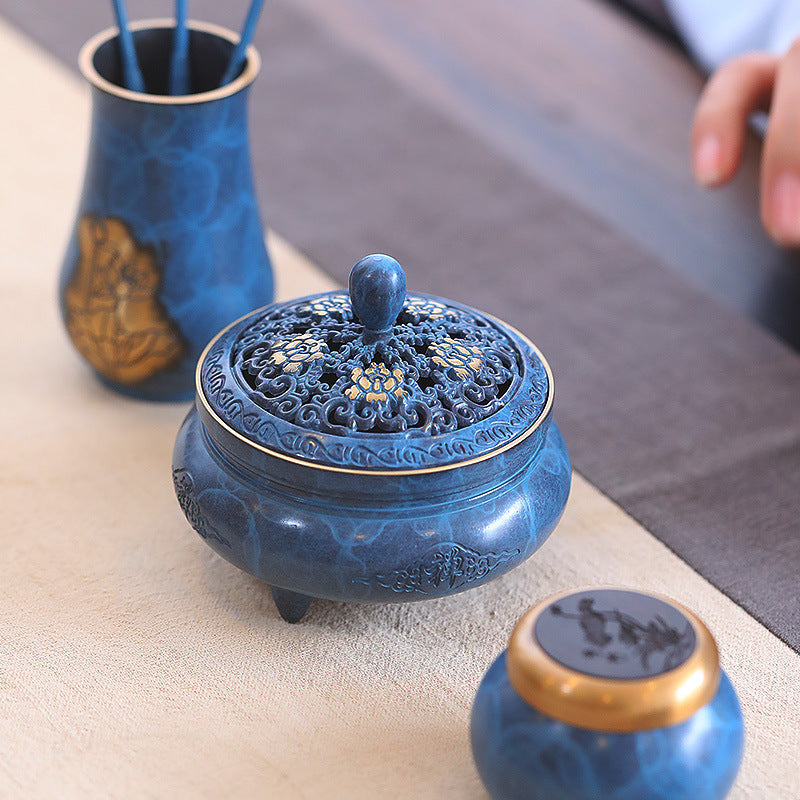 Blue and White Brass Incense Burner Set
