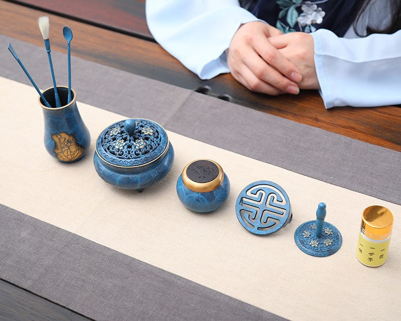 Blue and White Brass Incense Burner Set