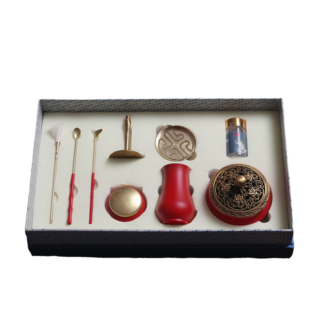 Blue and White Brass Incense Burner Set