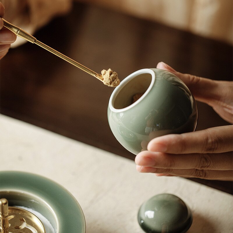 Traditional Green Chinese Glazed Ceramic Incense Burner Set