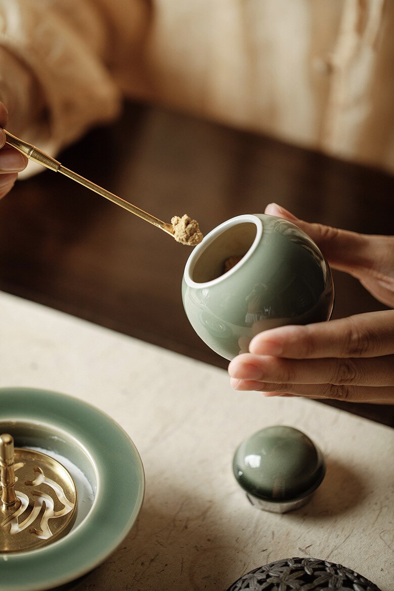 Traditional Green Chinese Glazed Ceramic Incense Burner Set