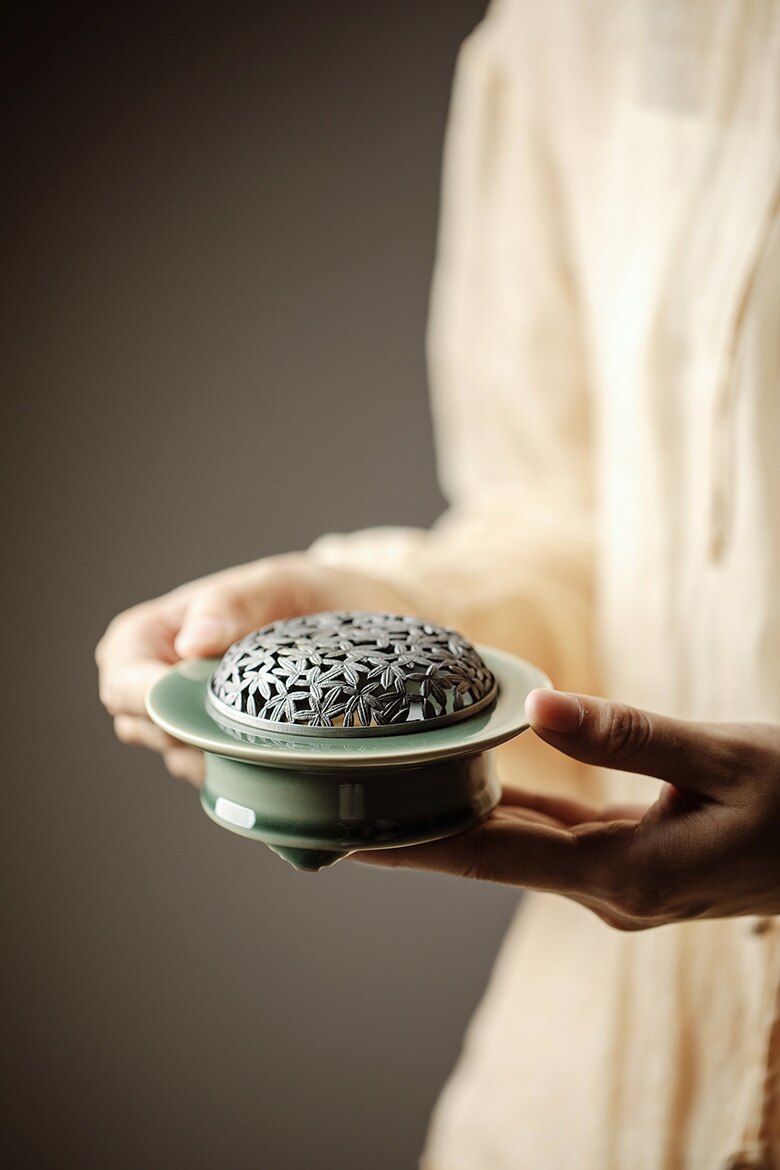 Traditional Green Chinese Glazed Ceramic Incense Burner Set