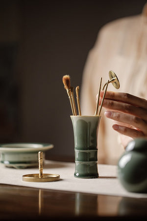 Traditional Green Chinese Glazed Ceramic Incense Burner Set