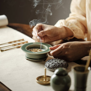 Traditional Green Chinese Glazed Ceramic Incense Burner Set