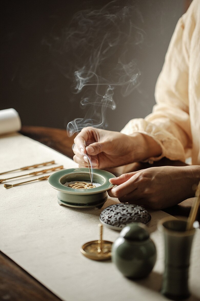 Traditional Green Chinese Glazed Ceramic Incense Burner Set