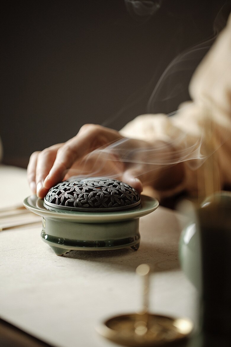 Traditional Green Chinese Glazed Ceramic Incense Burner Set